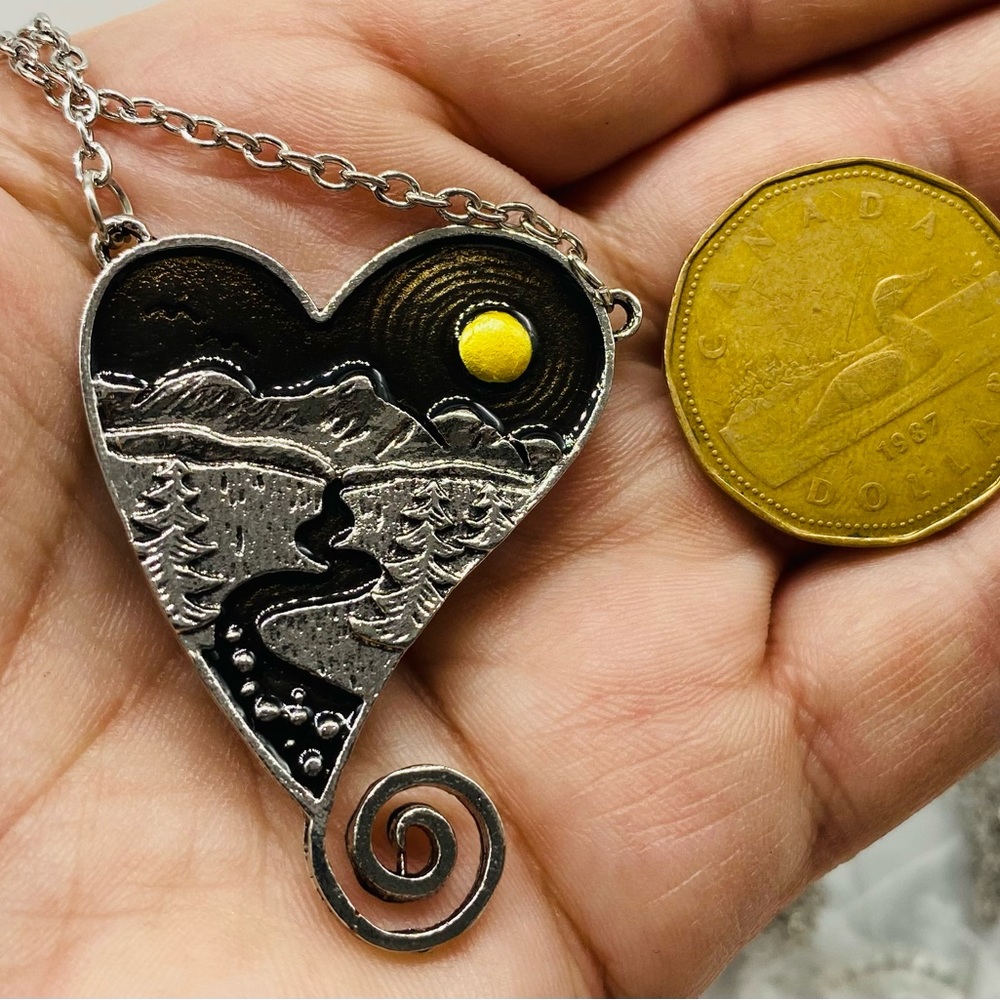Silver Tone Heart, Mountains, Moon, River and Forest Necklace.